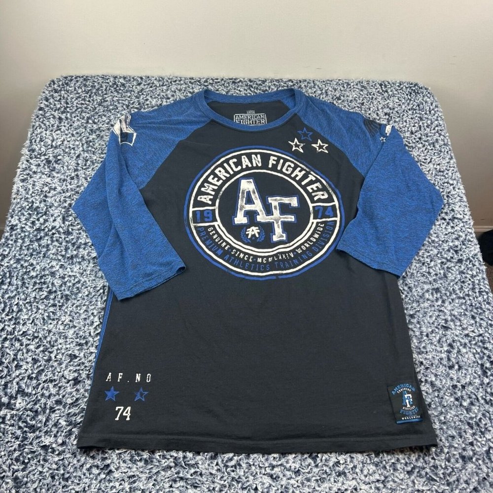 American Fighter Shirt Mens Large Crew Neck 3/4 Sleeve MMA Double Sided Graphic
